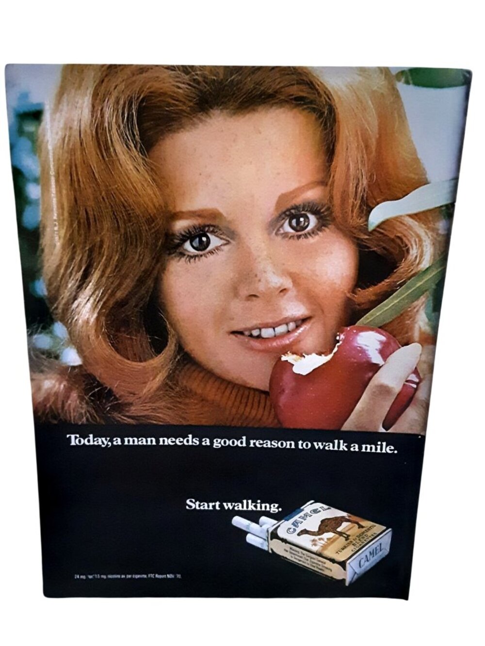 1971 Camel Cigarettes Vintage Print Ad Redhead Woman Apple Smoking 8x11